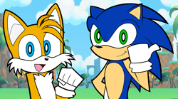 Size: 2376x1324 | Tagged: safe, artist:cmors12, miles "tails" prower, sonic the hedgehog, green hill zone, 2024, abstract background, clenched fist, clouds, daytime, duo, flat colors, looking at viewer, loop, mouth open, open mouth, open smile, outdoors, palm tree, pointing, smile, youtube link in description