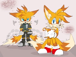 Size: 2048x1536 | Tagged: safe, artist:lacydbike, miles "tails" prower, nine, sonic prime, 2025, blushing, clenched fists, duo, ear fluff, english text, holding something, looking at viewer, one fang, self paradox, sonic racing crossworlds, standing, sweatdrop, thought bubble, trophy
