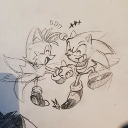 Size: 2048x2048 | Tagged: safe, artist:normaloddguy, miles "tails" prower, sonic the hedgehog, fox, hedgehog, 2022, dancing, duo, greyscale, holding hands, male, monochrome, mouth open, open mouth, open smile, pencilwork, sketch, smile