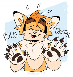 Size: 1706x1800 | Tagged: safe, artist:graves-yard, miles "tails" prower, claws, cute, disabled, ear fluff, english text, eyes closed, fangs, gloves off, goggles, mouth open, neck fluff, open smile, pawpads, polydactyl, smile, solo, tailabetes