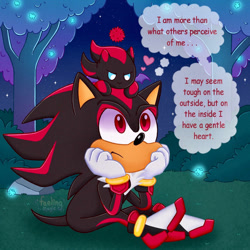 Size: 894x894 | Tagged: safe, artist:faelingmagic, shadow the hedgehog, chao, abstract background, character chao, duo, shadow chao, thought bubble