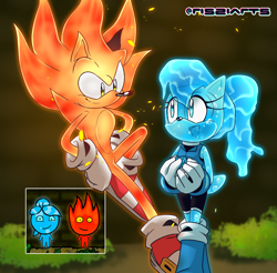 Size: 1356x1333 | Tagged: safe, artist:risziarts, sally acorn, sonic the hedgehog, chipmunk, hedgehog, duo, fireboy (fireboy and watergirl), fireboy and watergirl, sally x sonic, shipping, straight, watergirl (fireboy and watergirl)