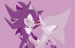 Size: 1608x1034 | Tagged: safe, artist:kirby64star, espio the chameleon, shadow the hedgehog, duo, gay, holding them, monochrome, pink background, shadpio, shipping, simple background