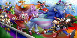 Size: 3206x1622 | Tagged: safe, artist:fantasytherainwingnightwing, amy rose, big the cat, blaze the cat, charmy bee, cheese (chao), cream the rabbit, espio the chameleon, froggy, jet the hawk, knuckles the echidna, maria robotnik, miles "tails" prower, rouge the bat, sally acorn, shadow the hedgehog, silver the hedgehog, sonic the hedgehog, storm the albatross, tangle the lemur, vector the crocodile, wave the swallow, whisper the wolf, chao, human, abstract background, ace, amy x blaze, aro ace pride, aromantic, asexual, asexual pride, babylon rogues, balloon, bisexual, bisexual pride, blushing, blushing ears, cape, carrying them, confetti, daytime, everyone is here, eyes closed, femboy, femboy pride, flag, flying, gay, gay pride, gliding, group, holding hands, holding something, lesbian, lesbian pride, mlm pride, neutral chao, outdoors, pansexual, pansexual pride, pride, pride flag, pride parade, running, scarf, shadow x sonic, shipping, signature, smile, sunglasses, tangle x whisper, team chaotix, trans male, trans pride, transgender, walking, wall of tags