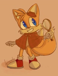 Size: 1500x1950 | Tagged: safe, artist:lastonka, miles "tails" prower, the murder of sonic the hedgehog, 2023, clenched teeth, hat, holding something, looking offscreen, magnifying glass, poncho, signature, simple background, smile, solo, standing