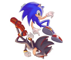 Size: 1280x1076 | Tagged: safe, artist:lastonka, shadow the hedgehog, sonic the hedgehog, 2023, clenched teeth, duo, duo male, frown, looking at viewer, pointing, signature, simple background, smile, white background
