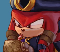 Size: 1280x1123 | Tagged: safe, artist:lastonka, knuckles the echidna, 2023, blue background, coconut, drinking, knuckles the dread, looking at something, signature, simple background, solo, straw