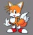 Size: 753x786 | Tagged: safe, artist:dsprite_e, miles "tails" prower, fox, 2025, classic tails, cute, grey background, holding tail, looking at viewer, male, mouth open, open smile, redraw, simple background, smile, solo, standing