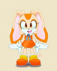 Size: 1256x1570 | Tagged: safe, artist:rushklysolen, cream the rabbit, beige background, creamabetes, cute, looking at viewer, mouth open, open smile, signature, simple background, smile, solo, standing