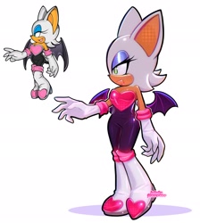 Size: 1839x2048 | Tagged: safe, artist:lolaluflores, rouge the bat, bat, 2025, female, looking offscreen, mouth open, open mouth, open smile, redraw, shadow (lighting), signature, smile, solo, standing