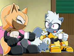 Size: 720x540 | Tagged: safe, artist:sonicguru, tangle the lemur, whisper the wolf, lemur, wolf, 2025, abstract background, duo, eyes closed, fake screenshot, female, frown, holding something, indoors, looking at them, mug, one fang, sitting, sonic x, sonic x style