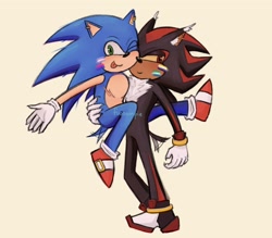 Size: 1906x1668 | Tagged: safe, artist:fwoompie, shadow the hedgehog, sonic the hedgehog, 2025, bisexual, bisexual pride, duo, face paint, gay, holding each other, mlm pride, nonbinary, nonbinary pride, pride, shadow x sonic, shipping, smile, standing, tongue out, top surgery scars, trans male, trans pride, transgender, wagging tail, yellow sclera