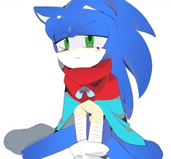 Size: 1162x1080 | Tagged: safe, artist:rainbow_7638, sonic the hedgehog, hedgehog, 2025, cape, cute, floppy ear, frown, lidded eyes, looking offscreen, male, simple background, sitting, solo, tears, white background