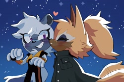 Size: 2048x1367 | Tagged: safe, artist:cawffeejelly, tangle the lemur, whisper the wolf, lemur, wolf, 2025, abstract background, blushing, cute, duo, female, heart, kiss, lesbian, nighttime, outdoors, shipping, smile, sparkles, standing, tangle x whisper, wagging tail, whispabetes