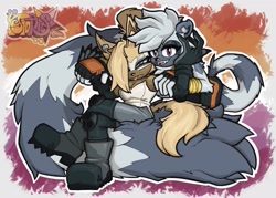 Size: 2048x1464 | Tagged: safe, artist:yesioarts, tangle the lemur, whisper the wolf, lemur, wolf, 2025, abstract background, duo, female, holding each other, lesbian, lesbian pride, looking at viewer, outline, pride, pride flag background, shipping, signature, tangle x whisper, watermark