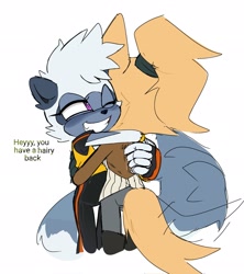 Size: 1817x2048 | Tagged: safe, artist:p1ctur33, tangle the lemur, whisper the wolf, lemur, wolf, 2025, blushing, dialogue, duo, english text, female, flat colors, hugging, lesbian, lidded eyes, one eye closed, scratching, shipping, smile, speech bubble, standing, tangle x whisper, wagging tail