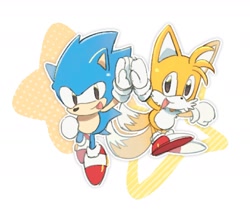 Size: 1680x1439 | Tagged: safe, artist:neku_646611, miles "tails" prower, sonic the hedgehog, fox, hedgehog, 2025, abstract background, classic sonic, classic tails, cute, duo, high five, looking at viewer, male, mid-air, mouth open, open mouth, open smile, outline, sonabetes, star (symbol), tailabetes