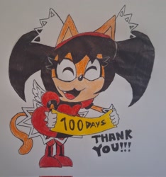 Size: 1915x2048 | Tagged: safe, artist:honeycrossworld, honey the cat, cat, 2025, english text, eyes closed, female, flag, holding something, mouth open, one fang, open mouth, open smile, smile, solo, standing, traditional media