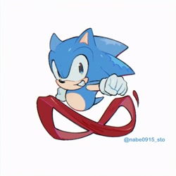 Size: 1600x1600 | Tagged: safe, artist:wobushisuomo, sonic the hedgehog, hedgehog, 2025, arms out, classic sonic, clenched fists, clenched teeth, cute, looking at viewer, male, running, signature, simple background, smile, solo, super peel-out, white background