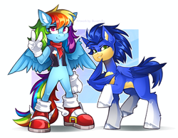 Size: 3224x2500 | Tagged: safe, artist:buvanybu, sonic the hedgehog, 2025, abstract background, crop jacket, crossover, duo, jacket, mobianified, my little pony, pegasus, ponified, pony, rainbow dash, scarf, sleeveless jacket, smile, species swap, standing, v sign