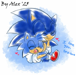 Size: 1280x1266 | Tagged: safe, artist:p-bj, sonic the hedgehog, oc, oc:monty the hedgehog, 2025, abstract background, brothers, cute, dialogue, duo, english text, eyes closed, heart, hugging, mouth open, ocbetes, open smile, signature, smile, standing