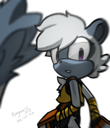 Size: 1900x2200 | Tagged: safe, artist:strangertongari, tangle the lemur, 2023, clenched teeth, looking at viewer, looking back, looking back at viewer, looking over shoulder, signature, simple background, solo, standing, white background