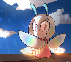 Size: 3200x2800 | Tagged: safe, artist:strangertongari, jewel the beetle, 2023, abstract background, clouds, daytime, frown, looking back, looking back at viewer, looking over shoulder, outdoors, signature, sitting, solo