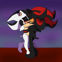 Size: 1280x1280 | Tagged: safe, artist:s0nicy2k, shadow the hedgehog, oc, oc:evan the hedgehog, hedgehog, 2023, abstract background, barefoot, blushing, canon x oc, dancing, duo, eyes closed, gay, holding each other, mouth open, open smile, shipping, shoes off, signature, smile, socks off