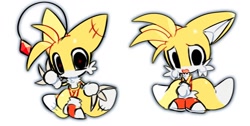 Size: 1280x644 | Tagged: safe, artist:soba_kt, miles "tails" prower, tails doll, 2025, crying, cute, duo, looking at viewer, simple background, standing, tailabetes, tails dollbetes, tears, white background