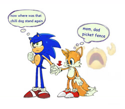Size: 1156x1006 | Tagged: safe, artist:domi091, miles "tails" prower, sonic the hedgehog, 2025, arrow, cute, duo, english text, frown, holding hands, looking offscreen, simple background, smile, standing, thought bubble, white background