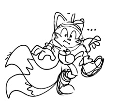 Size: 615x550 | Tagged: safe, artist:seldompathic, miles "tails" prower, ..., 2025, :|, line art, monochrome, simple background, sketch, sneaking, solo, standing on one leg, white background