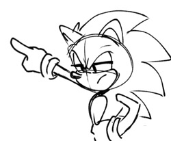 Size: 525x432 | Tagged: safe, artist:seldompathic, sonic the hedgehog, 2025, frown, hand on hip, line art, looking offscreen, monochrome, pointing, simple background, sketch, solo, squinting, standing, white background