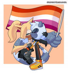 Size: 1877x2014 | Tagged: safe, artist:amipiyoart, artist:star-vanguard, tangle the lemur, whisper the wolf, 2025, abstract background, duo, eyes closed, flag, holding each other, holding something, kiss, lesbian, lesbian pride, pride, pride flag, shipping, signature, standing, tail hand, tangle x whisper