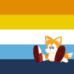 Size: 881x881 | Tagged: safe, artist:donelywell, miles "tails" prower, 2024, ace, aro ace pride, aromantic, asexual, cute, flag, icon, lineless, looking offscreen, no mouth, pride, pride flag, pride flag background, sitting, solo, tailabetes