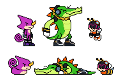 Size: 955x627 | Tagged: safe, artist:papagabu, charmy bee, espio the chameleon, vector the crocodile, 2025, eyes closed, floating eyebrows, frown, pixel art, simple background, smile, team chaotix, transparent background, trio