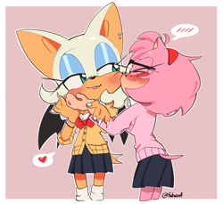 Size: 2180x1996 | Tagged: safe, artist:fishsoof, amy rose, rouge the bat, alternate outfit, blushing, duo, freckles, kiss on cheek, lesbian, rougamy, rouge x amy, shipping