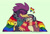 Size: 1041x714 | Tagged: safe, artist:sonicpridecorner, bird, 2025, alternate version, arm around shoulders, blushing, don the rooster, don x nite, duo, eyes closed, flag, gay, gay pride, green eyes, heart, holding something, mouth open, nite the owl, open smile, pride, pride flag, rainbow flag, shipping, simple background, smile