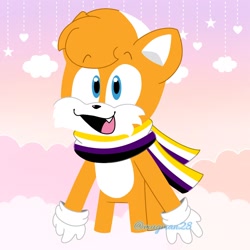 Size: 1280x1280 | Tagged: safe, artist:leomugman28, miles "tails" prower, 2025, abstract background, eye clipping through hair, looking at viewer, mouth open, nonbinary, nonbinary pride, one fang, open mouth, open smile, scarf, signature, smile, solo, solo nonbinary, standing