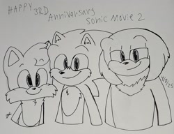 Size: 2043x1569 | Tagged: safe, artist:leomugman28, knuckles the echidna, miles "tails" prower, sonic the hedgehog, sonic the hedgehog 2 (2022), 2025, line art, looking at viewer, monochrome, smile, team sonic, traditional media, trio