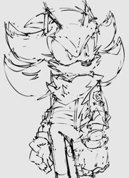 Size: 404x559 | Tagged: safe, artist:inkedhorror, shadow the hedgehog, 2025, chest fluff, clothes, frown, jacket, line art, looking offscreen, open jacket, pants, sketch, solo, standing