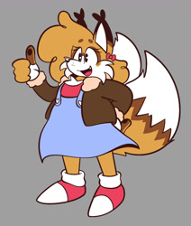 Size: 1342x1581 | Tagged: safe, artist:pawkiuwu, miles "tails" prower, oc, 2025, aviator jacket, beanbrows, blushing, bow, clothes, dress, eyelashes, female, fingerless gloves, flat colors, fur markings, grey background, jacket, kin, kinsona, looking offscreen, open jacket, open smile, pawpads, simple background, smile, solo, thumbs up, trans female, transfeminine, transgender