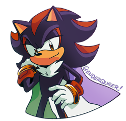 Size: 1052x1007 | Tagged: safe, artist:sonicpridecorner, shadow the hedgehog, 2025, flag, genderqueer, genderqueer pride, hand on hip, holding something, lidded eyes, looking at viewer, pride, pride flag, signature, smile, solo, standing
