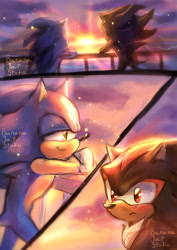 Size: 1446x2048 | Tagged: safe, artist:banana-jar-studio, shadow the hedgehog, sonic the hedgehog, 2025, abstract background, blushing, crush, duo, frown, gay, leaning, leaning on something, looking at them, looking offscreen, outdoors, railing, shadow x sonic, shipping, signature, smile, standing, sunset