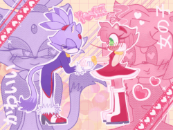 Size: 2048x1536 | Tagged: safe, artist:cookie-capri, amy rose, blaze the cat, 2025, abstract background, amy x blaze, amybetes, animated, blazebetes, blushing, cute, duo, gif, hand on face, heart, holding hands, kiss on hand, lesbian, outline, shipping, standing