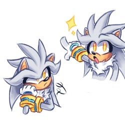 Size: 720x720 | Tagged: safe, artist:raylovesraisin, silver the hedgehog, 2025, bust, cute, head rest, looking at viewer, looking offscreen, pointing, signature, silvabetes, simple background, solo, sparkles, white background