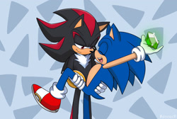 Size: 2000x1340 | Tagged: safe, artist:fennecp, shadow the hedgehog, sonic the hedgehog, 2025, abstract background, carrying them, chaos emerald, duo, eyes closed, gay, holding something, lidded eyes, looking at them, shadow x sonic, shipping, smile, standing
