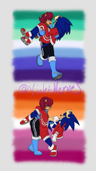 Size: 1731x3081 | Tagged: safe, artist:violetnerveendings, sally acorn, sonic the hedgehog, 2023, carrying them, duo, gay, gender swap, half r63 shipping, lesbian, lesbian pride, mlm, mlm pride, pride, sally x sonic, shipping, signature