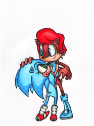Size: 1248x1680 | Tagged: safe, artist:robot521, sally acorn, sonic the hedgehog, 2011, duo, eyelashes, gender swap, holding each other, holding them, sally x sonic, simple background, straight, traditional media, white background