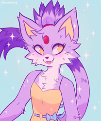 Size: 1280x1536 | Tagged: safe, artist:yote-paws, blaze the cat, 2020, blazebetes, blue background, chest fluff, cute, dress, fangs, looking offscreen, redraw, simple background, smile, solo, sparkles, tongue out