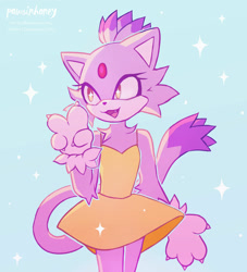 Size: 1920x2112 | Tagged: safe, artist:yote-paws, blaze the cat, 2019, arm fluff, blazebetes, blue background, claws, cute, dress, looking offscreen, mouth open, neck fluff, one fang, open smile, paws, simple background, solo, sparkles, standing, v sign